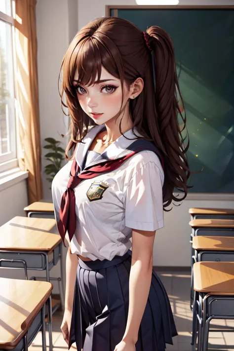 anime girl in school uniform standing in front of a blackboard