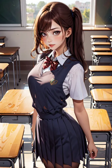 anime girl in school uniform posing in front of desks