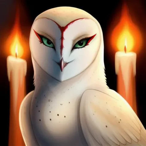 <lora:gahoole:0.5> owl, female, best quality, masterpiece, nyra, barn owl, green eyes, red markings, evil, pure one