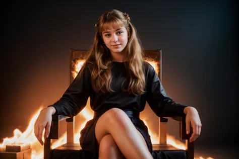 1980s,photo of a 18 year old girl,happy,sitting on a throne of fire,ray tracing,detail shadow,shot on fujifilm x-t4,85mm f1.2,sh...