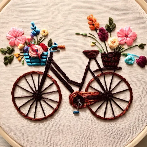 embroidery art of a bicycle with flowers in a basket