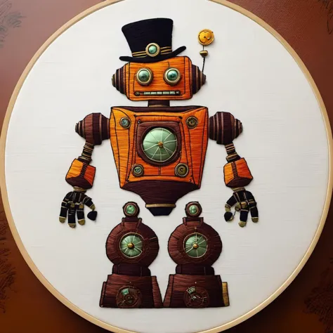 embrodarythreadart,<lora:embrodary_thread_art:1>, steampunk robot happy Funny cartoonish, by Gediminas Pranckevicius