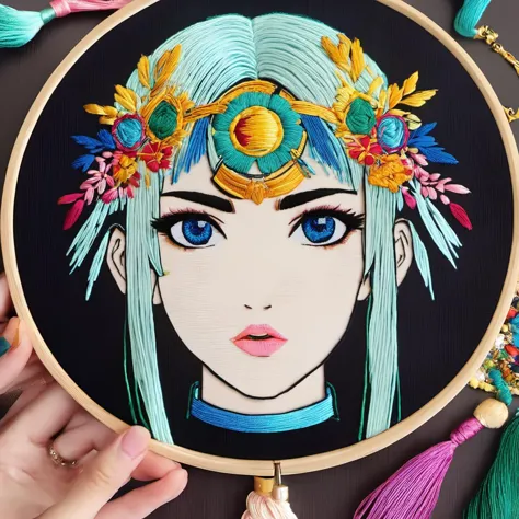 a close up of a person holding a embroidery on a hoop