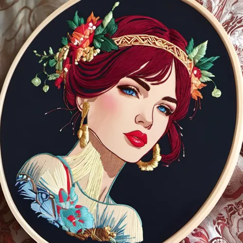 a close up of a embroidery of a woman with red hair