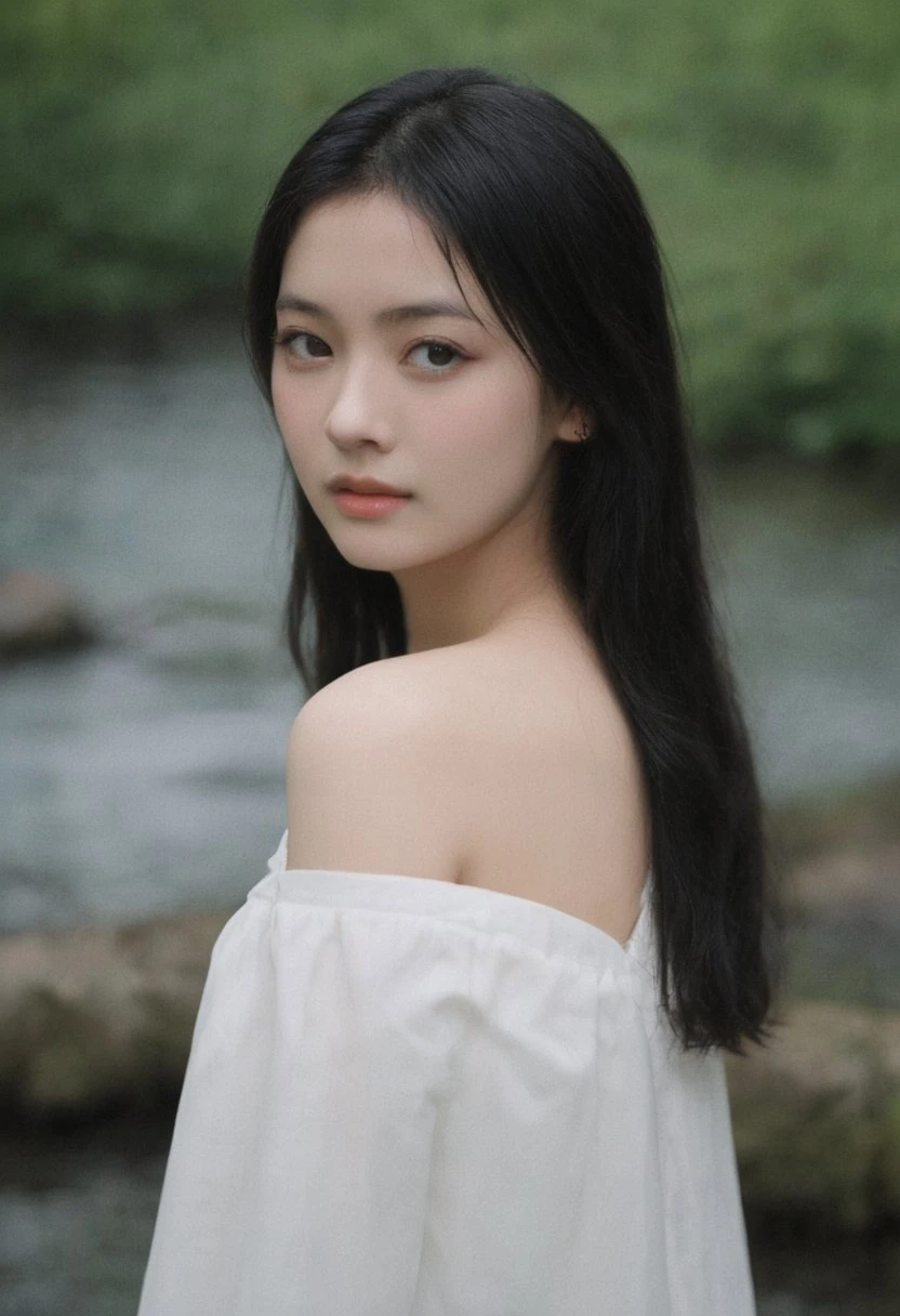 fgirl,1girl,arafed asian woman with wet hair and a white dress, popular korean makeup, elf ears, photorealistc, stream, soft smooth skin, rain, classic beauty, pretty aquiline nose, wet boody, twitter pfp, teen elf girl, very thin, wild water, an elf, may, shoulder-length hair, polaroid color photo, 16mm film live soft color,
