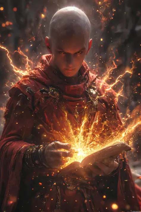 a man in a red robe holding a book with sparks coming out of it