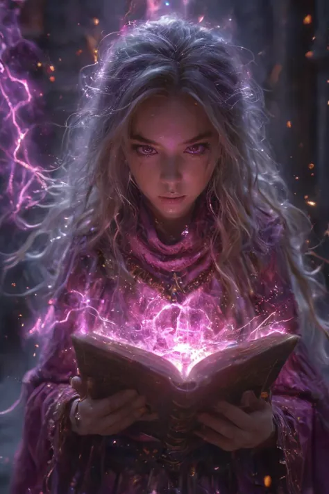 a woman in a purple dress holding a book with a glowing light coming out of it