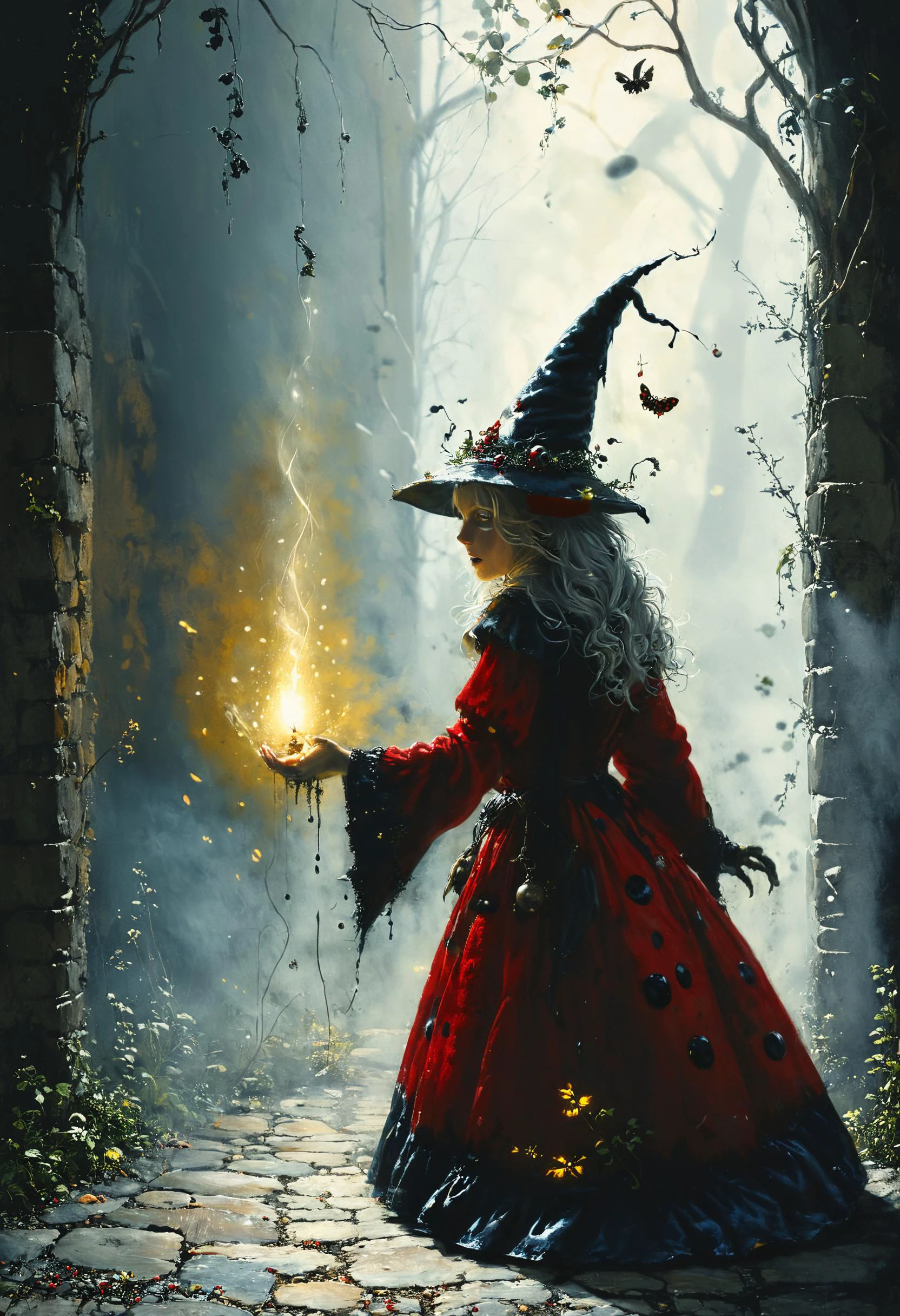 bruxa joaninha antropomórfica lançando um feitiço, Ótima iluminação, iluminação traseira, fracolor,  HKMAGIC