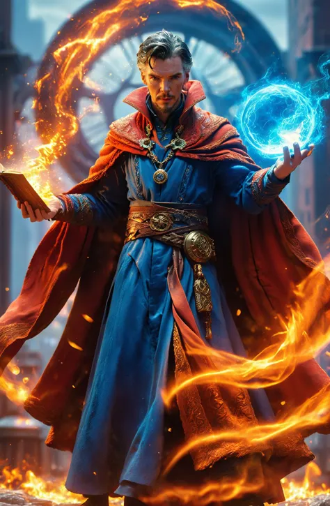 calidad increíble, obra maestra, mejor calidad, hiper detallado, ultra detallado, HD, anatomía perfecta, Súper realista,
una foto de cuerpo completo del Doctor Strange vistiendo una túnica de mago, poco enojado, bata roja del Doctor Strange, lanzar hechizos mágicos de fuego, gradient color,
vista de la ciudad al fondo,  circulo mágico, (naranja híbrido azul:1.3) flujo de energía,
(fuego:1.2) encima de una mano, (sosteniendo el libro de hechizos:1.3),
extremadamente detallado,
DonM3t3rn1tyXL,