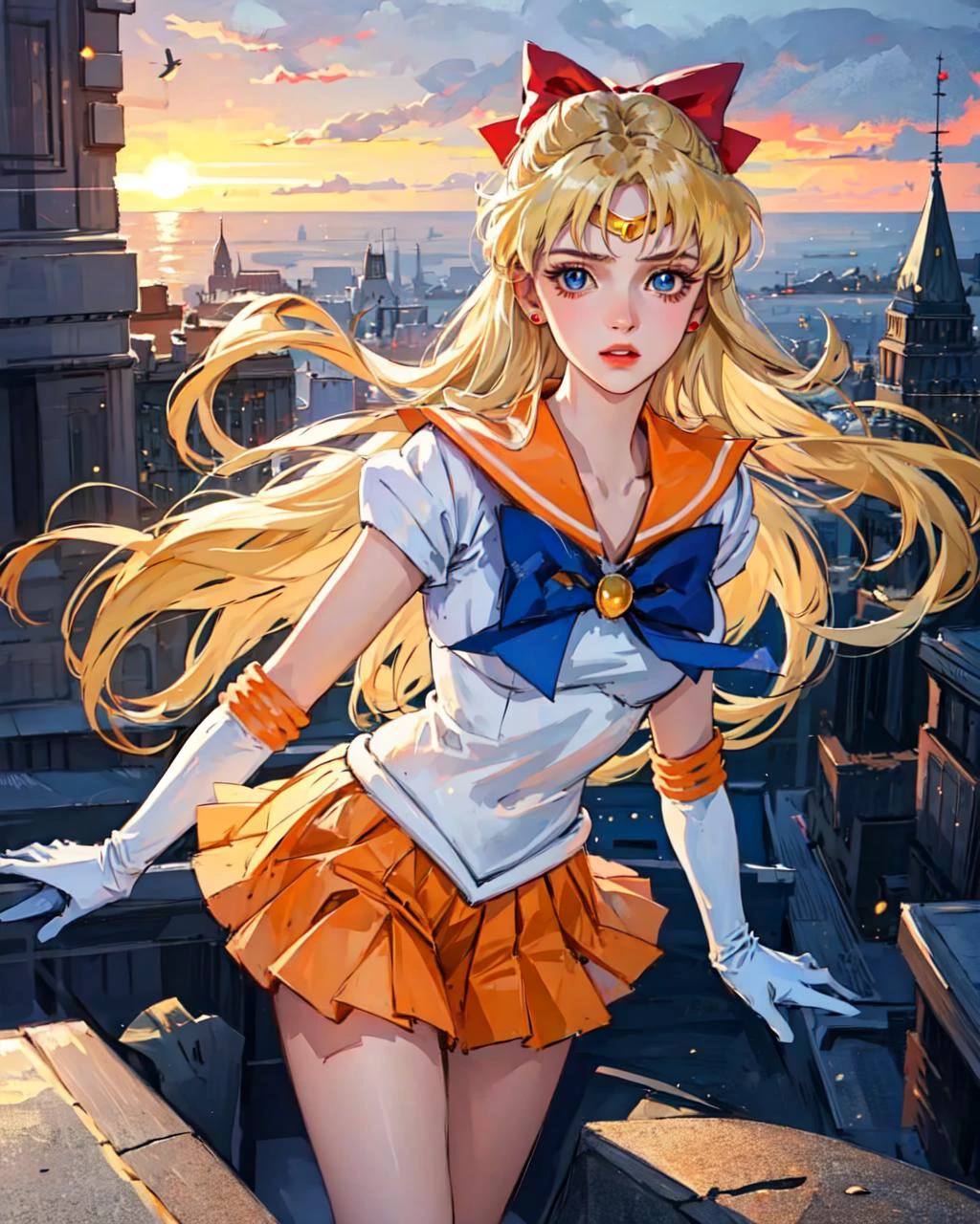 medium shot photo of  girl, beautiful face of 20yo girl, delicate hands,sv1, sailor senshi uniform, orange skirt, elbow gloves, tiara, orange sailor collar, red bow, orange choker, white gloves, jewelry,flying in the air, in the sky, Moody Lighting, (sharp focus, eyes focus, masterpiece,best quality, realistic detail,clear image,realistic,high resolution)  