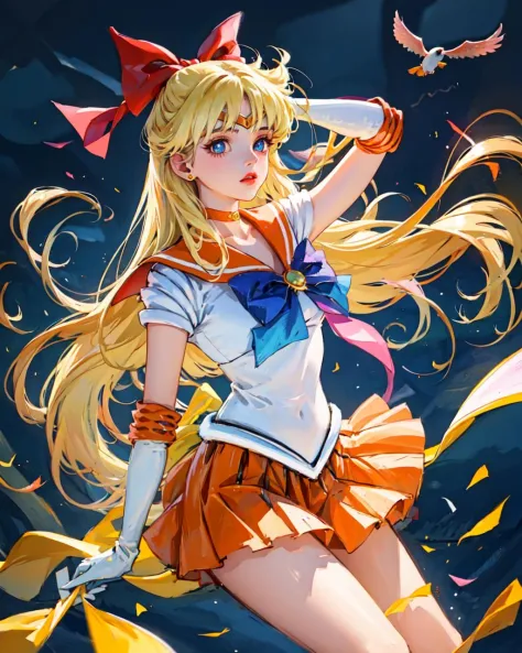 medium shot photo of  girl, beautiful face of 20yo girl, delicate hands,sv1, sailor senshi uniform, orange skirt, elbow gloves, tiara, orange sailor collar, red bow, orange choker, white gloves, jewelry,flying in the air, in the sky, Moody Lighting, (sharp focus, eyes focus, masterpiece,best quality, realistic detail,clear image,realistic,high resolution)  <lora:sailor_venus_v2:0.7>