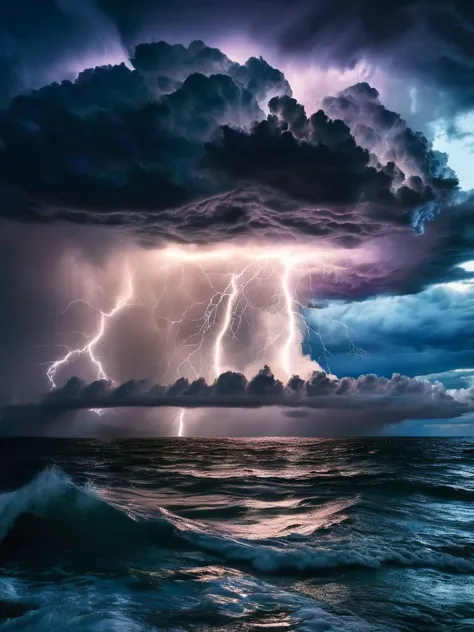 a lightning storm over the ocean with a large cloud