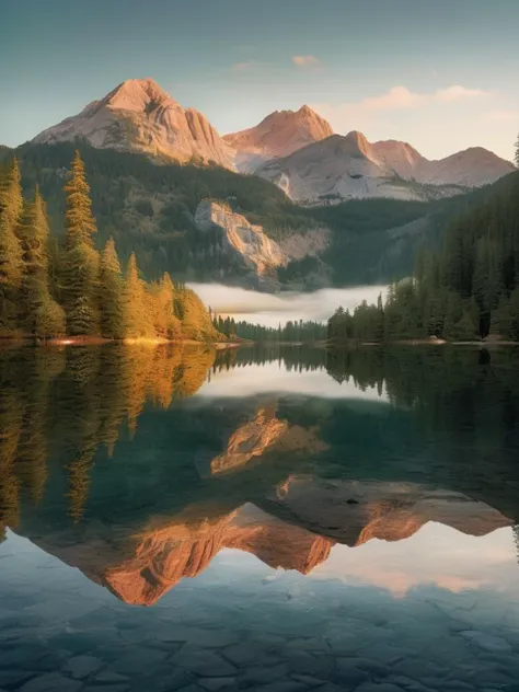 mountains reflected in a lake with trees and water