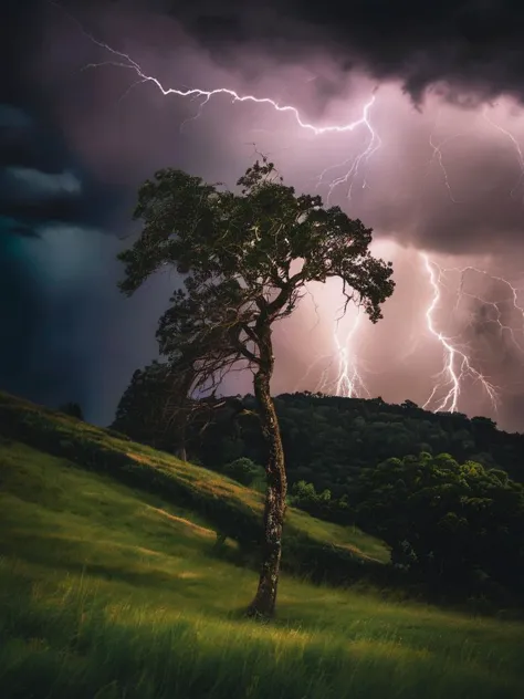 a tree in a field with a lightning bolt in the background