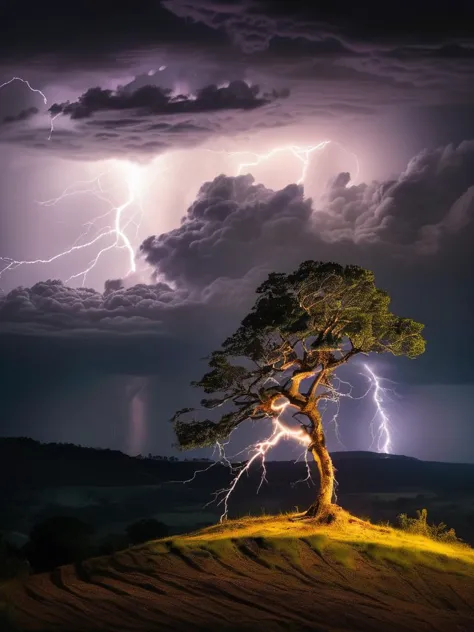 a tree on a hill with a lightning bolt in the sky