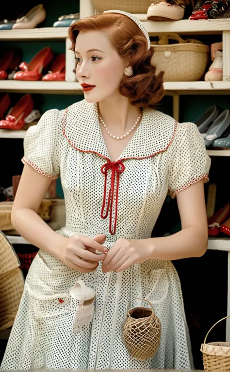 arafed woman in a dress and hat standing in front of a shelf of shoes