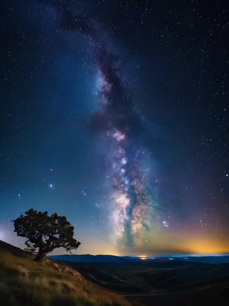 a lone tree stands on a hill under a starry sky