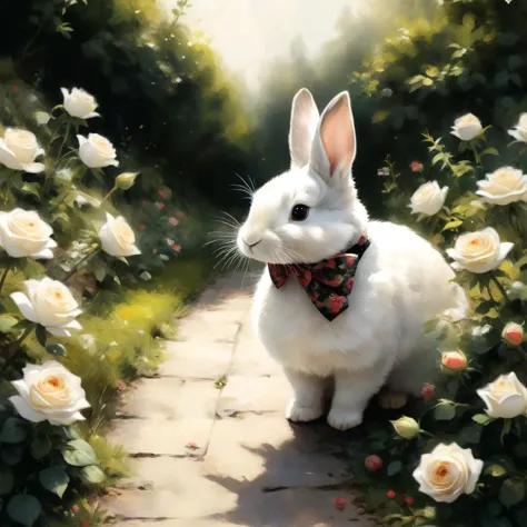 there is a white rabbit wearing a bow tie in a garden