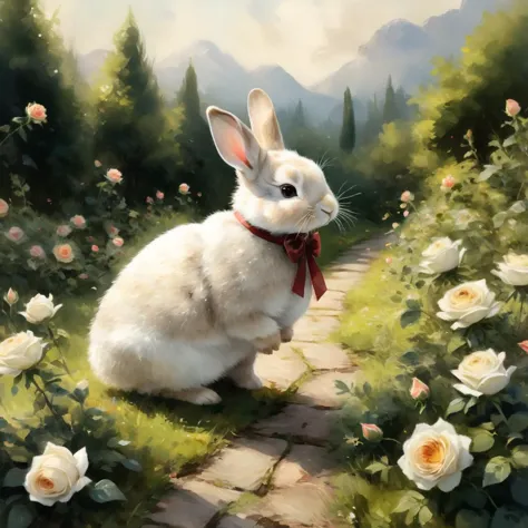 painting of a rabbit sitting in a garden with roses