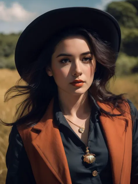 a woman in a hat and jacket standing in a field