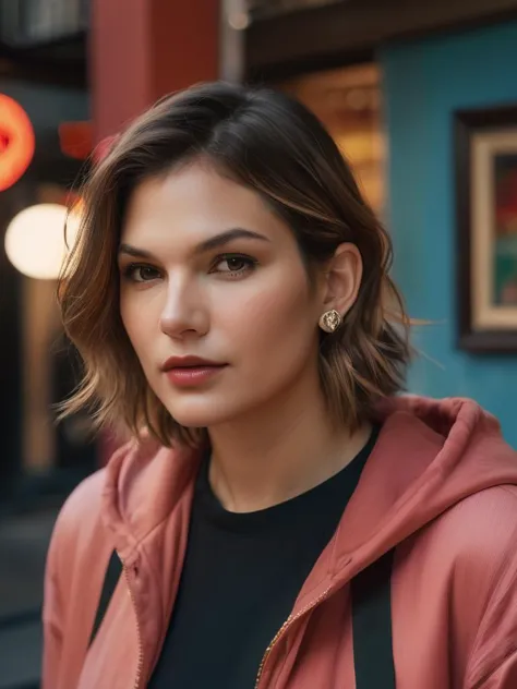 a woman in a pink jacket and black top standing in front of a building