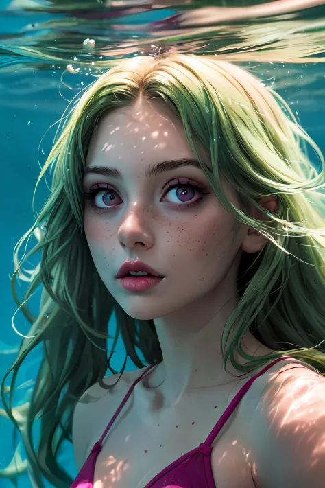 masterpiece, 8k resolution, supreme quality, extraordinary creation, unparalleled craftsmanship, fashion portrait, 1girl , a girl with very long green hair, magenta eyes, swimming underwater, looking surprised at what's around her, freckles