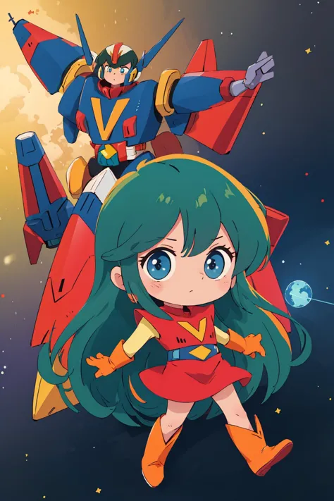 ((masterpiece)), (best quality), vivid color, 
chizuru, green hair, long hair, blue eyes, red clothe, orange boots, yellow sleeves,  
outdoors, full body, (chibi:1.3),  science fiction background, space background, galaxy, voltes v \(mecha\), 
 <lora:chizuruV1:0.7>,