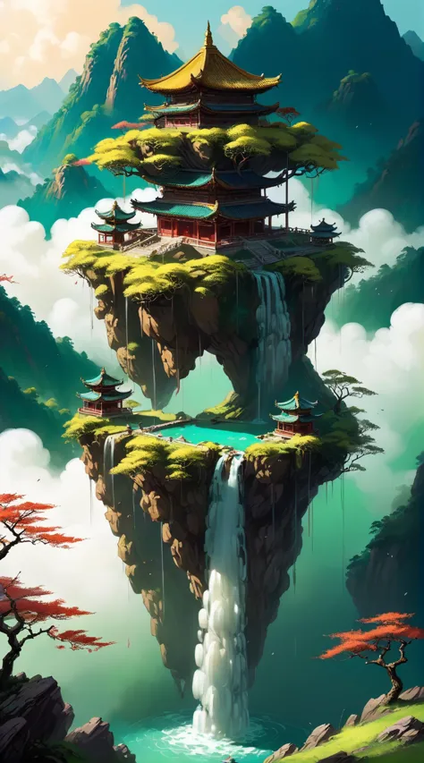 a painting of a waterfall and a pagoda in the sky