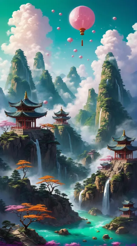 a painting of a mountain with a waterfall and pagodas