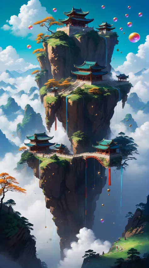 a painting of a floating island with a pagoda and trees