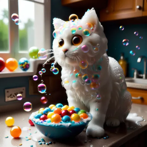 made of bath foam and soap bubbles, photograph capturing a funny elegant little cat|lion hybrid playing with bubles eating M&M o...