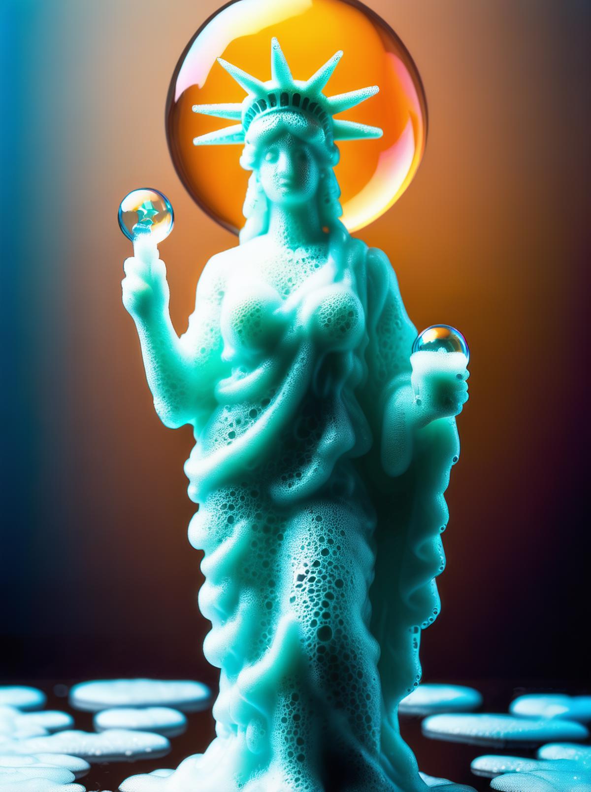 A close up of a statue of liberty holding a soap bubble - SeaArt AI