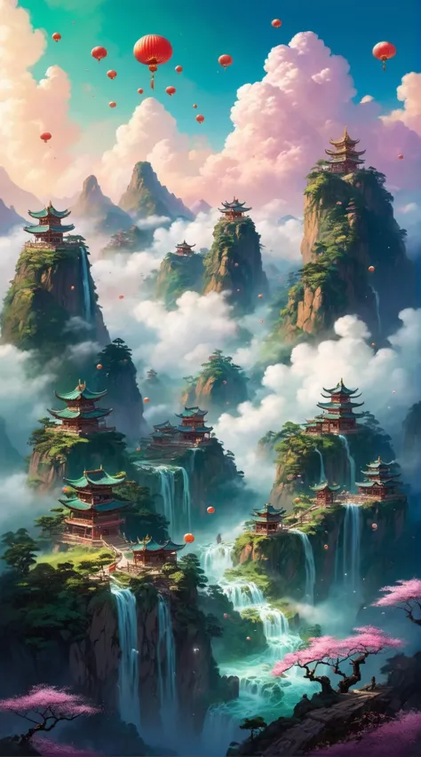 a painting of a mountain with a waterfall and pagodas