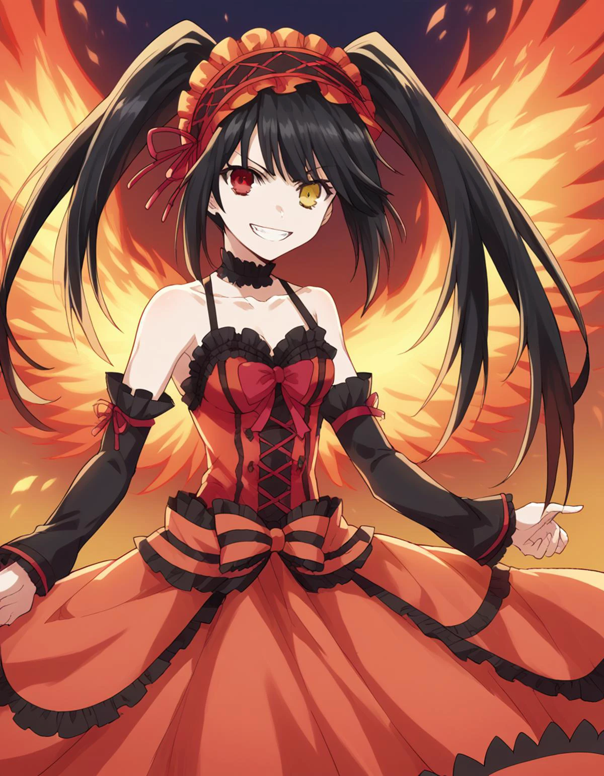 score_9, score_8_up, score_7_up, source_anime, 
kurumitokisaki, kurumi tokisaki astral dress, long hair, black hair, red eyes, twintails, yellow eyes, hairband, heterochromia, smile, dress, red dress, bare shoulders, collarbone, choker, bowtie, red bowtie, detached sleeves, corset, frills, 
grin, fiery wings,
looking at viewer, cowboy shot, dutch angle, solo,