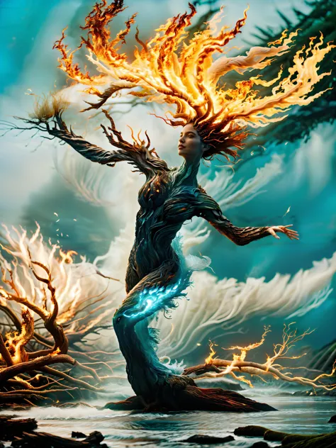 macro photo,a woman spirit dancing gracefully,((ghastly entity made of ocean fire forest wind)),(leaf skin,fire limbs,garden hea...