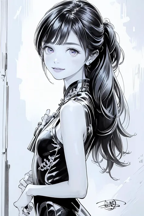 8k high quality detailed,highres,anime,comic,detailed image,
(an illustration of a teenage girl posing,(an illustration of girl,teenage girl)),(magazine_illustration),(, hiro,greyscale,monochrome,traditional media),
(1girl,asian_female,blue hair, very long hair, asymmetrical bangs, purple eyes, pale skin, small breasts),(Seductive Smile),detailed_face,
((Posing with one hand on the chest, looking proud,):0.8),
((<lora:272QpZhongguojieMx:0.55>,qipao):0.85),(,realistic clothing texture,realistic_skin_texture),<lora:hiro:0.75>,<lora:more_details:0.2>