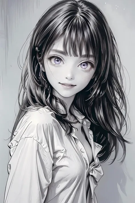 8k high quality detailed,highres,anime,comic,detailed image,
(an illustration of a teenage girl posing,(an illustration of girl,teenage girl)),(magazine_illustration),(, hiro,greyscale,monochrome,traditional media),
(1girl,asian_female,blue hair, very long hair, asymmetrical bangs, purple eyes, pale skin, small breasts),(Encouraging Smile),detailed_face,
((stroking own chin):0.8),
((<lora::0.65>,BFShirt,oversized_shirt,unbuttoned,long,strapless,[off shoulder]):0.85),(,realistic clothing texture,realistic_skin_texture),<lora:hiro:0.75>,<lora:more_details:0.2>