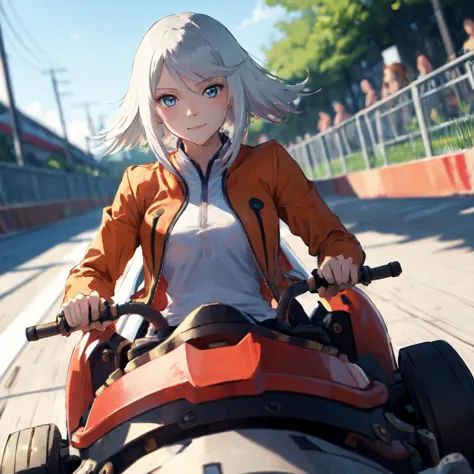 (best quality, masterpiece:1.2),
rainesage, orange coat, white shirt, (driving go-kart:1.2), racetrack, motion lines, motion blu...