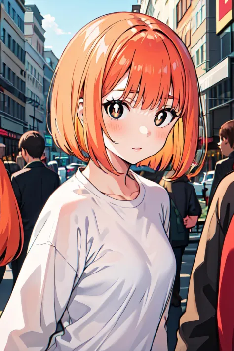 1girl, black eyes, white pupils, bob cut, orange hair, outdoors, in a crowded street, masterpiece, best quality, detailed  <lora...