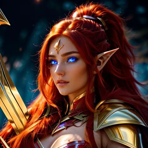 <lora:IrithelMobileLegendsV10Lora-000001:0.8> a woman holding a golden crossbow, red hair, ponytail, light blue glowing eyes, po...