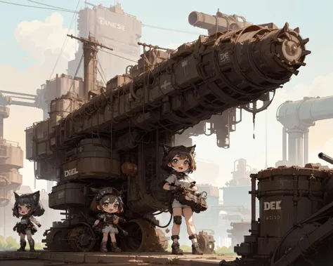 anime characters standing in front of a giant machine in a city