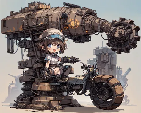 anime girl riding a motorcycle with a giant mechanical arm