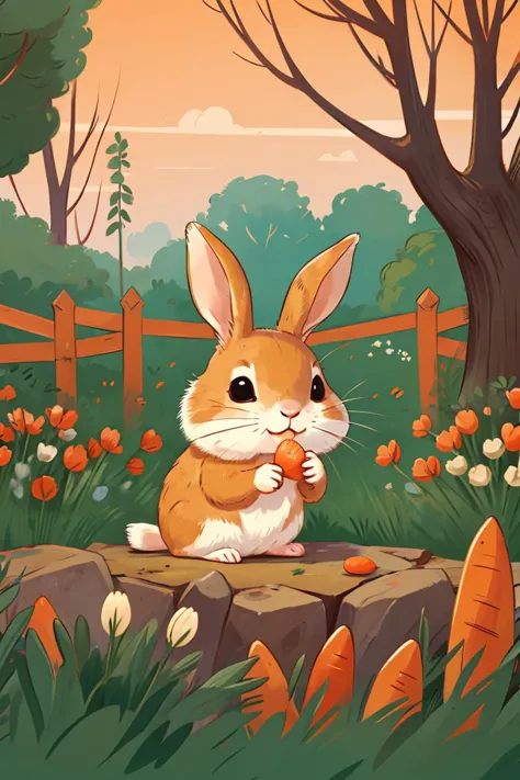 cartoon rabbit eating carrots in a garden with fence and flowers