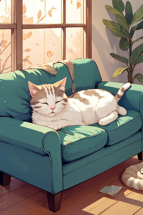 aster piece,high quality,a cute cat,sleep on a sofa,in the bedroom,<lora:J_illustration:0.8>,