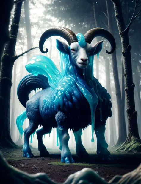 a close up of a goat with blue hair in a forest