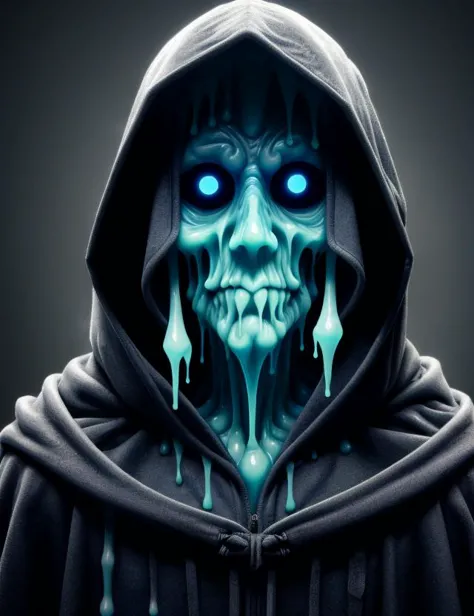 a close up of a person wearing a hoodie with a glowing face