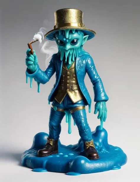 a close up of a blue statue of a man with a pipe