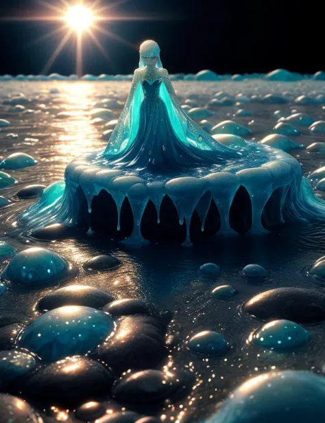 a close up of a frozen princess standing on a rock in the water