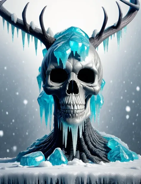 a close up of a skull with horns and ice on it