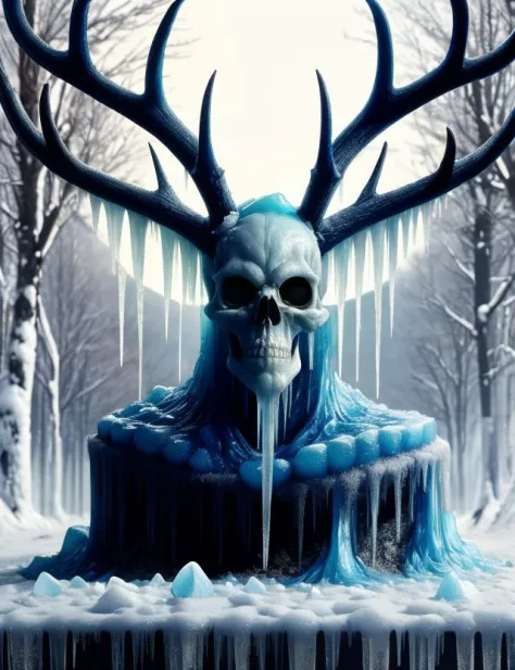 a close up of a skull with horns and ice on it